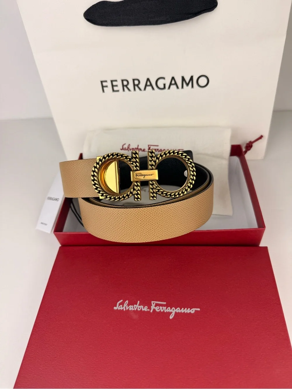 Ferragamo Gancini Reversible Belt 100 Black Camel Chain-Detail Buckle Cut-to-Fit